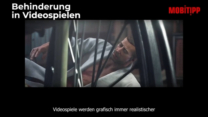 Mann in einem Videospiel, der auf dem Boden liegt und versucht,, in seinen Rollstuhl zu kommen
