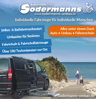 Werbung von einem behindertengerecht umgebauten Auto am Strand