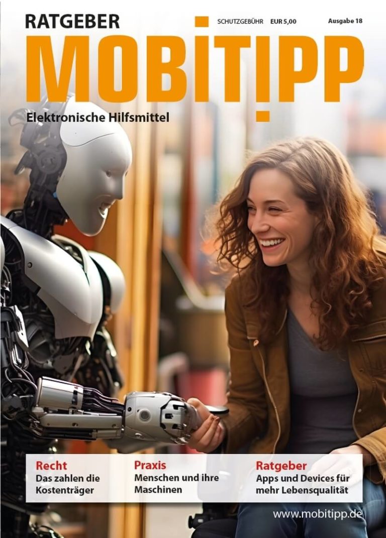 Ein junge Frau im Rollstuhl schüttelt einem Roboter die Hand, beide lächeln freundlich