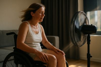 Eine Frau im Rollstuhl sitzt sommerlich bekleidet in einer Wohnung vor einem Ventialtor